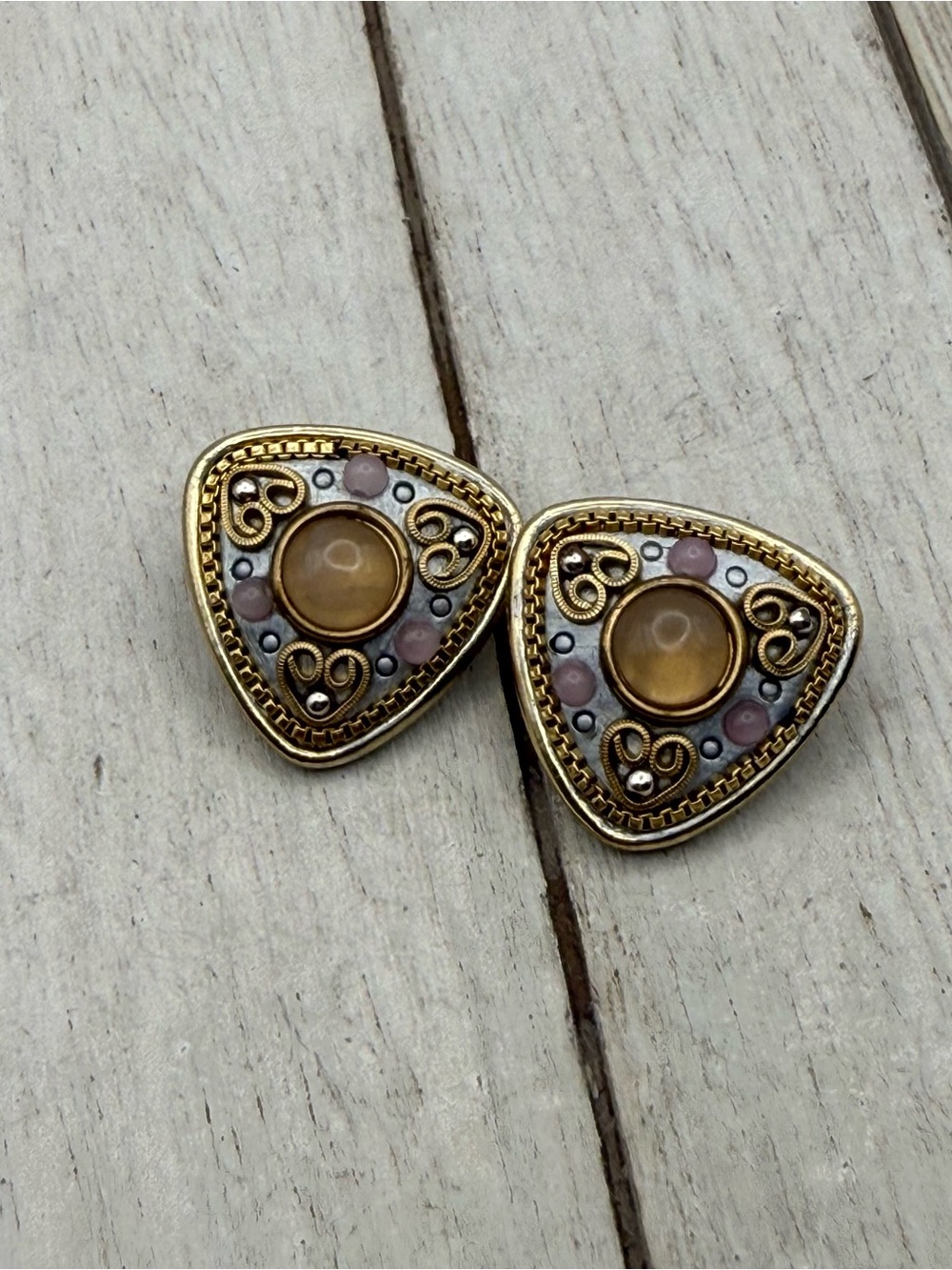 Vintage Michal Golan Silver Tone Orange Stone Faux Pearl clip on  Earrings